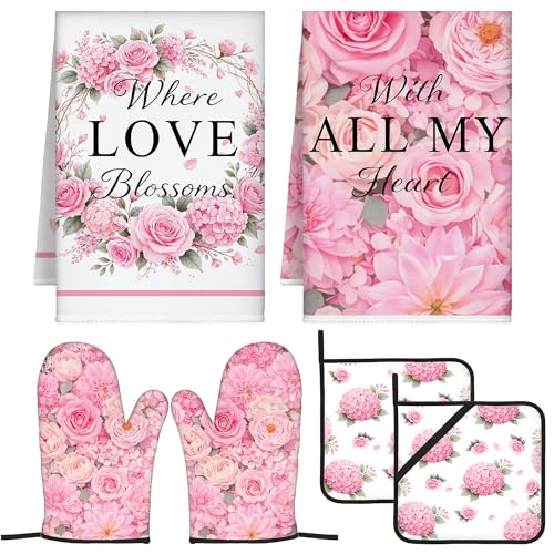 Pink Floral Kitchen Towel and Oven Mitt Set, 6 Piece Rose Floral Farmhouse Kitchen Accessories, Waterproof Heat Resistant Decor for Women