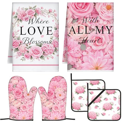 Pink Floral Kitchen Towel and Oven Mitt Set, 6 Piece Rose Floral Farmhouse Kitchen Accessories, Waterproof Heat Resistant Decor for Women