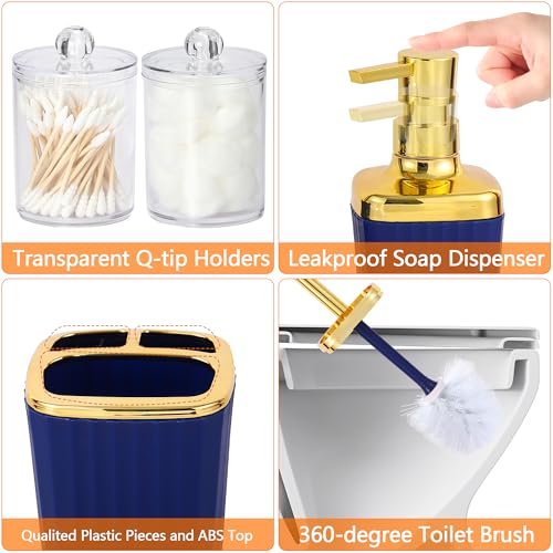 9 PCS Navyblue Bathroom Accessories Set with Trash Can Bathroom Accessory | All-in-One Kit with Trash Can,Toothbrush Holder,Soap Dispenser,Toothbrush Cup,Vanity Tray,Soap Dish,Toilet Brush etc for Home - color: Navy Blue