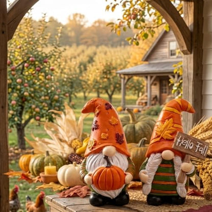 Cute 2 PCS Gnomes Statues Decor, Resin Figurines and Sculpture Décor, for Indoor Outdoor Yard Lawn Garden Home Patio Farmhouse Kitchen Table Decoration(Pumpkin and Fall) - style: Pumpking & "Hello Fall" Sign-Holding