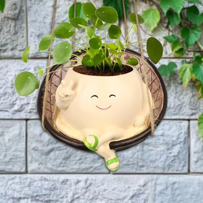 Swing Chair Planter Pot, Hanging Smiley Face Flower Pots, Funny Cute Head Succulent Planter for String of Pearls Indoor & Outdoor Plants