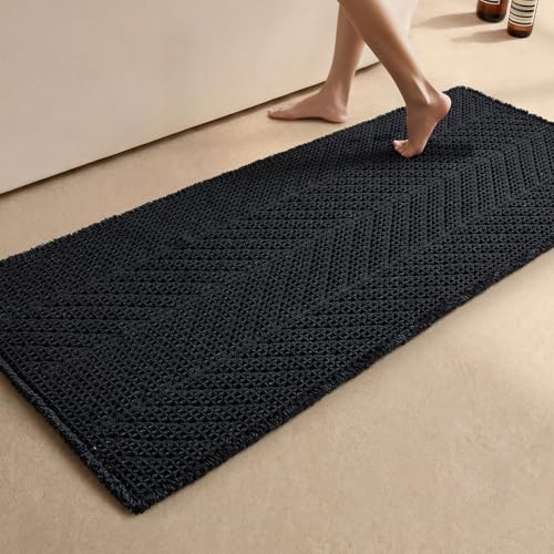 Sunfly Long Black Bathroom Rug, Waffle Bath Mat Non-Slip Washable Super Absorbent Quick Dry, Boho Farmhouse Bathroom Runner Decor 24"x60" Black - color: Black, size: 2' x 5' (Rectangular)