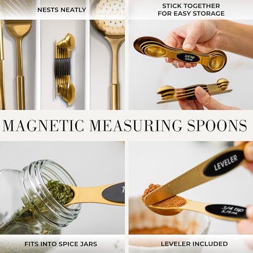 Styled Settings Black and Gold Kitchen Utensils Set, 15-Piece | Nonstick BPA-Free Silicone Coooking Utensils, Gold Utensil Holder, & Magnetic Measuring Spoons - Stylish Kitchen Accessories - color: 15 Piece Black & Dark Gold