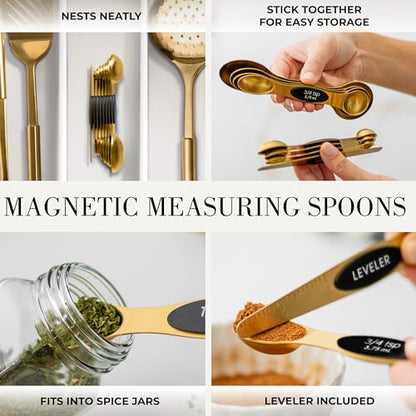 Styled Settings Black and Gold Kitchen Utensils Set, 15-Piece | Nonstick BPA-Free Silicone Coooking Utensils, Gold Utensil Holder, & Magnetic Measuring Spoons - Stylish Kitchen Accessories - color: 15 Piece Black & Dark Gold
