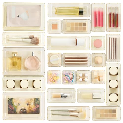 Vtopmart 25 Pack Plastic Drawer Organizers with Non-slip Rubber Pads | 4-Size Versatile Makeup Organizer, Storage Containers Small Bins for Makeup, Jewelries, Bedroom, Kitchen Utensils and Office - color: Clear Champagne