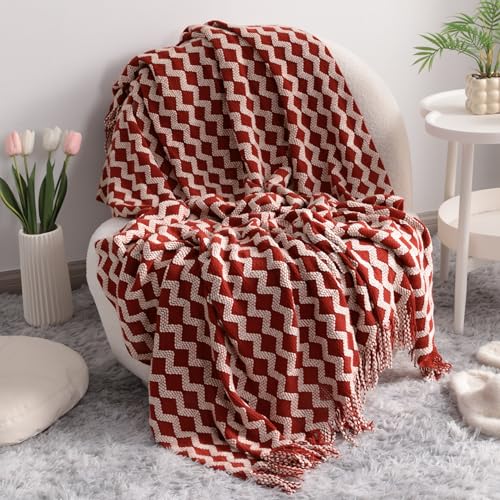 NTBAY Acrylic Knit Throw Blanket, 51 x 67, Red and White Striped | Lightweight Acrylic Wave-Knit Throw with 7 Inch Tassels for Sofa, Bed, Reading, Travel, and Decorative Layering - color: Red and White, size: Throw (51"x67")