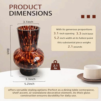 8" High Luxe Leopard Glass Vase — Unique Modern Amber Brown Centerpiece for Home Decor, Gifts & Everyday Elegance