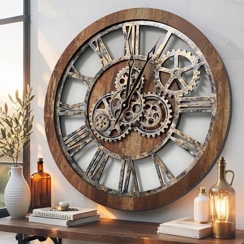 The Gears Clock The Original Real Moving Gear Wall Clock Vintage Industrial Oversized Rustic Farmhouse (24 inch (60cm), Vintage Brown) - color: Vintage Brown