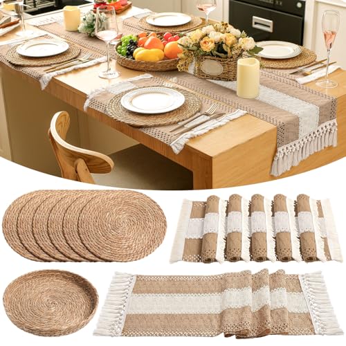 Boho Placemats 4/6/8 Set of Round Woven Placemat Macrame Style Bicolor Stitching Long Table Runner Farmhouse Rustic Natural Burlap Cotton for Kitchen Dining Table(6 Sets,Khaki B,12x72) - color: Khaki B, size: 12x72"