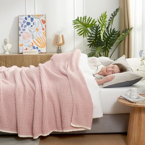 Snuggle Sac Pink Waffle Bedding Blankets Queen Size 90x90 inches, Reversible Microfiber Fluffy Fuzzy Soft Throw Cozy Knit Blanket for Women Mothers Birthday Gifts - color: Waffle Soft Pink, size: Queen(90"x90")