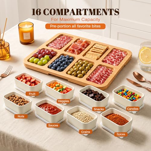 Portable Charcuterie Boards with Lid, 8 Ceramic Bowls, Serving Tray | Clear Lid Keeps Food Fresh, Travel Portable Board for Kitchen, Picnic and Party, House Warming Gifts New Home - color: 8 Compartments White