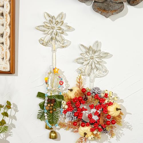 Sungmor 2 Pack Cast Iron Coat Hooks - Flower Shaped& Antique White | Heavy Duty Wall Hook for Coats,Hats,Keys - Hanger for Entryway,Bathroom and Bedroom - color: Antique White