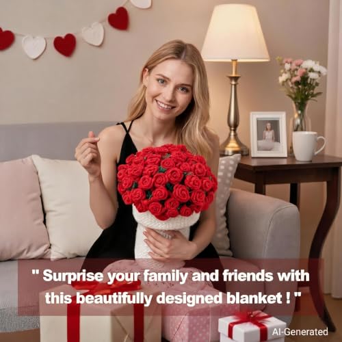 Crochet Rose Bouquet Blanket Shawl for Women, Handmade Chunky Knit Red Flower Throw Blankets Wrap with Gift Box, Creative Mother's Day Birthday for Her Mom Wife Girlfriend, 43"X43"