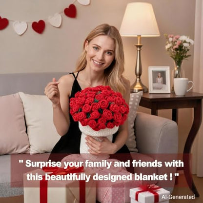 Crochet Rose Bouquet Blanket Shawl for Women, Handmade Chunky Knit Red Flower Throw Blankets Wrap with Gift Box, Creative Mother's Day Birthday for Her Mom Wife Girlfriend, 43"X43"