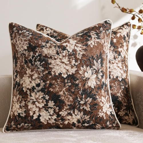 Pack of 2 Vintage Floral Throw Pillow Covers 16x16 Boho Farmhouse Accents Chenille Square Decorative Pillow Cases for Living Room Couch Bed Home Decor, Dark Brown - color: Dark Brown, size: 16" x 16" (Pack of 2)
