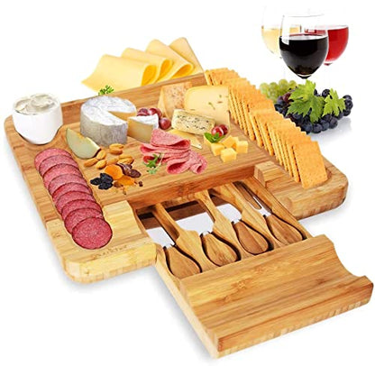 NutriChef Bamboo Natural Cheese Board Set with Bonus Condiment Cup-Extra Large Size 100% Home Organic Wooden Plate and Charcuterie Tray with 4 pcs Cutting Knife Slicer, 13" Square - style: Square