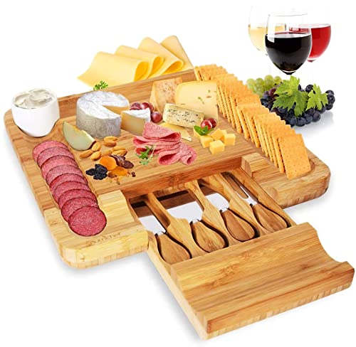 NutriChef Bamboo Natural Cheese Board Set with Bonus Condiment Cup-Extra Large Size 100% Home Organic Wooden Plate and Charcuterie Tray with 4 pcs Cutting Knife Slicer, 13" Square - style: Square
