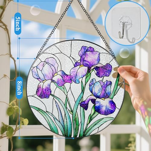 Stained Glass Window Hanging, 8 Inch Purple Irises Stained Glass Suncatcher, Flower Sun Catchers Indoor Window, Iris Flowers Gift, Flower Lovers Gifts, Housewarming Gift, Gifts for Her or Women - color: Iris Flower