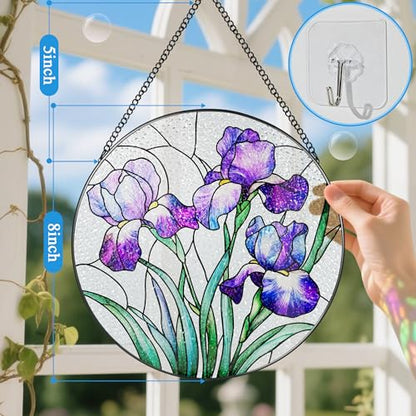 Stained Glass Window Hanging, 8 Inch Purple Irises Stained Glass Suncatcher, Flower Sun Catchers Indoor Window, Iris Flowers Gift, Flower Lovers Gifts, Housewarming Gift, Gifts for Her or Women - color: Iris Flower