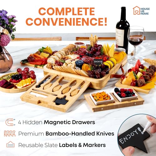 Bamboo Charcuterie Board Gift Set – Housewarming Gift for New Home, Wedding & Bridal Shower Gifts | Large Cheese Board with Hidden Drawers, Knives & Bowls | Perfect for Couples, Hosts & Housewarming