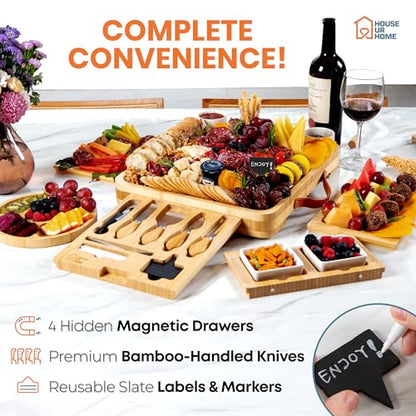 Bamboo Charcuterie Board Gift Set – Housewarming Gift for New Home, Wedding & Bridal Shower Gifts | Large Cheese Board with Hidden Drawers, Knives & Bowls | Perfect for Couples, Hosts & Housewarming