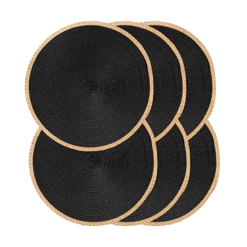 Round Weave Placemats Set of 6, Black with Beige Woven Edge, 15 Inch Heat Resistant Non-Slip Washable Table Mat for Dining Table Kitchen Farm Decor