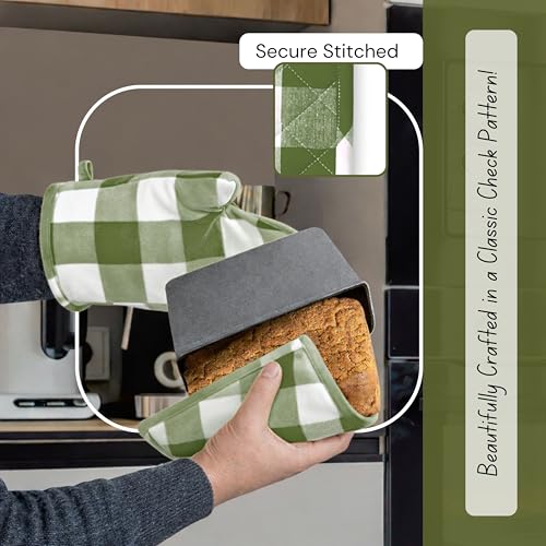 Native Fab Buffalo Plaid Check Oven Mitts and Pot Holders Set of 4, 100% Cotton Heat Resistant Kitchen Gloves, 2 Oven Mitts (7x13), 2 Pot Holders (8x8) for Cooking & Baking, Mint Green White - color: Buffalo, Mint Green