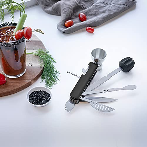 HOST All in One Bartender Multitool Set, 10 in 1 Bar Tool with Strainer, Muddler, Reamer, Jigger, Stirrer, Zester, Corkscrew, Opener, Knife and Channel Knife for Camping, Travel and Outdoor Use - style: Bar10der 10 in 1 Tool