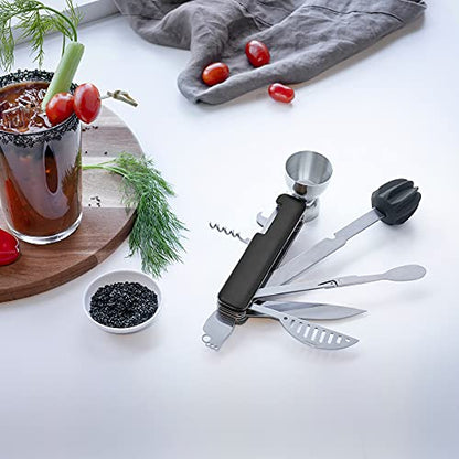 HOST All in One Bartender Multitool Set, 10 in 1 Bar Tool with Strainer, Muddler, Reamer, Jigger, Stirrer, Zester, Corkscrew, Opener, Knife and Channel Knife for Camping, Travel and Outdoor Use - style: Bar10der 10 in 1 Tool