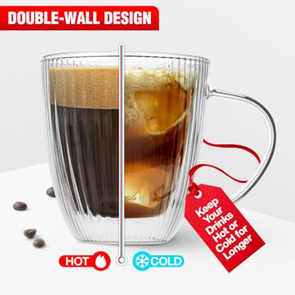 Jayour Fluted Double-Wall Glass Coffee Mugs | 15oz Latte & Cappuccino Mugs | Modern Ribbed Design - Set of 4