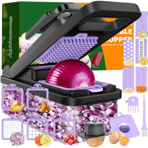 15-in-1 Vegetable Chopper 10 Blades, Veggie Cutter with Handle, Black/Purple | Stainless Steel Blades, Food Container and Lid, Dicer, Slicer, Julienne, Egg Separator, Non-slip Base, Include Cleaning Tools - color: Purple, size: 10 blades