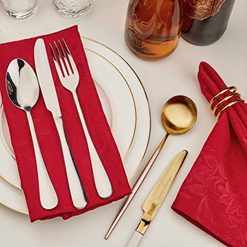Red Jacquard 17x17 Square Polyester Cloth Napkins Set of 8 | Waterproof, Stain Resistant, Shrink Proof, Washable, fabric, Outdoor, Dining, Wedding, Kitchen, Party, Banquet, Reusable - color: Red