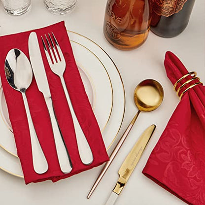 Red Jacquard 17x17 Square Polyester Cloth Napkins Set of 8 | Waterproof, Stain Resistant, Shrink Proof, Washable, fabric, Outdoor, Dining, Wedding, Kitchen, Party, Banquet, Reusable - color: Red