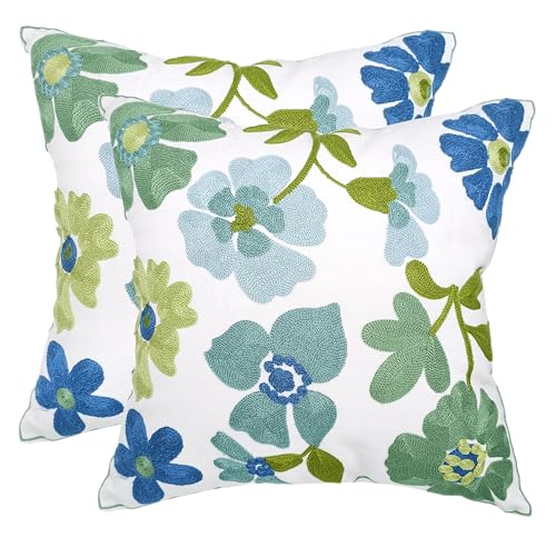 Embroidered Throw Pillow Covers, Pack of 2 Blue Flowers Patterned Pillowcases for Couch Sofa Bedroom, Decorative Pillow Covers 18x18 inch(Blue Flowers) - color: Blue Flowers