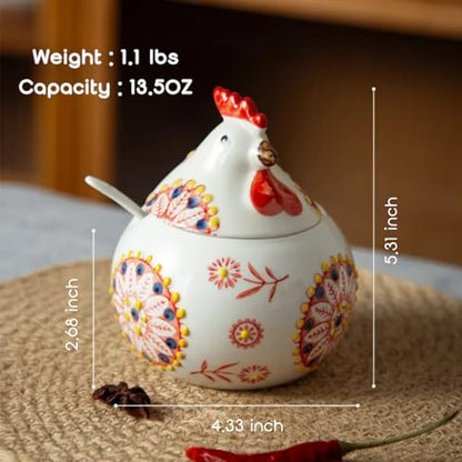 13.5 Oz Salt Cellar With Lid and Spoon (Red)- Ceramic Chicken Spice Jars for Salt, Sugar, Pepper - Spice Containers for Countertop - color: Red