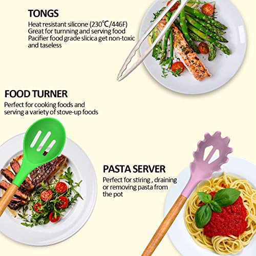 Umite Chef Kitchen Cooking Utensils Set, 33 pcs Non-stick Silicone Cooking Kitchen Utensils Spatula Set with Holder, Wooden Handle Silicone Kitchen Gadgets Utensil Set (Colorful) - color: Colorful