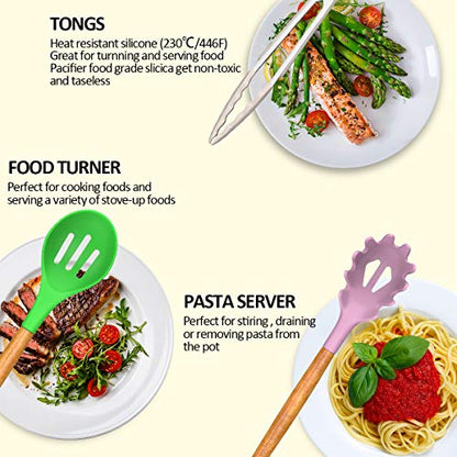 Umite Chef Kitchen Cooking Utensils Set, 33 pcs Non-stick Silicone Cooking Kitchen Utensils Spatula Set with Holder, Wooden Handle Silicone Kitchen Gadgets Utensil Set (Colorful) - color: Colorful