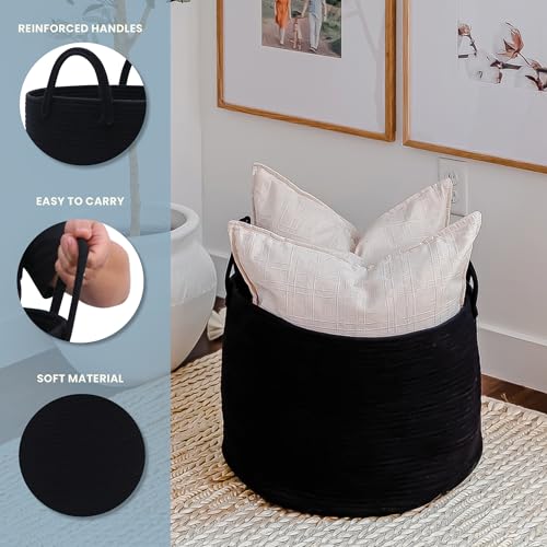 OrganiHaus Round Toy Basket & Blanket Basket, Cotton Rope 20x13" | Full Black - Round Cotton Rope Basket, 20x13" - color: Full Black, size: Wide