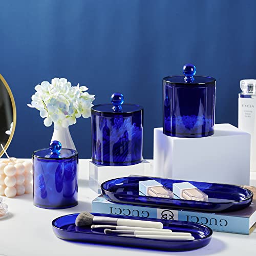 SheeChung 3 PCS Qtip Holder Bathroom Set with Tray, Acrylic Apothecary Jars | Blue Qtip Dispenser with Lid and Labels, Bathroom Qtip Holder Set for Cotton Ball, Cotton Swab 1 Pack Bathroom Vanity Tray - color: Blue