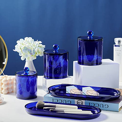 SheeChung 3 PCS Qtip Holder Bathroom Set with Tray, Acrylic Apothecary Jars | Blue Qtip Dispenser with Lid and Labels, Bathroom Qtip Holder Set for Cotton Ball, Cotton Swab 1 Pack Bathroom Vanity Tray - color: Blue