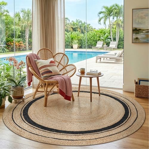 LUMI 5' Round Natural Jute Area Rug, Braided Farmhouse Rug | Non Slip No Shedding Neutral Carpet, Indoor Outdoor Rug for Living Room, Dining Room & Patio - color: Maple Mist, size: 5'x5'