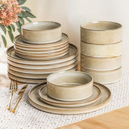 AmorArc Ceramic Dinnerware Sets for 6,18 Piece Plates and Bowls Sets Dishes | Stoneware Handmade Reactive Glaze Dishes Set | Highly Chip and Crack Resistant | Dishwasher & Microwave Safe - color: Cappuccino, size: Service for 6