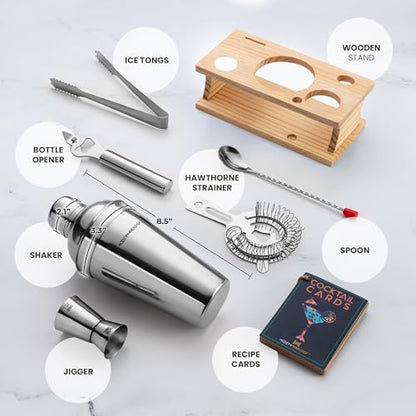 Cocktail Shaker Set - Bartender Kit with Pine Stand | Leak-Proof Design | Includes Martini Shaker, Jigger, Strainer, Spoon, Tongs | Perfect Bar Tools Gift for Home Mixology (Silver) - color: Silver / Light Stand, size: 8 Pieces