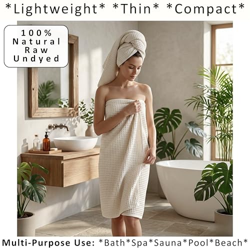PÜSKÜL Raw-Undyed Natural 100% Turkish Cotton Waffle Bath Towels (2-Piece) | Large 32x63" Light Bath Sheet, Soft Absorbent Quick-Dry Lint-Free Premium 3D Honeycomb Weave Organic Oeko-Tex Made in Turkiye - color: Natural Beige