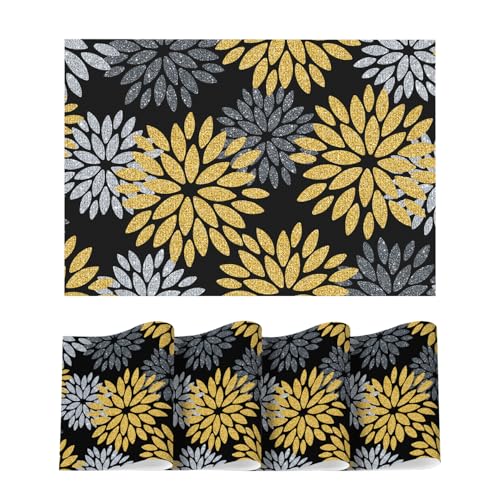 Artoid Mode Floral Vinyl Placemats Set of 4, 12x18 Inch New Year Washable Non-Slip Plastic Vinyl Place Mats for Party Kitchen Dining Decor, Yellow Black - color: Yellow/Black, size: 12" x 18", Rectangular Set of 4