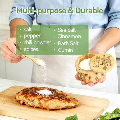 Bamboo Salt Cellar With Swivel Lid Highland Cow Salt Container Built-In Spoon And Magnetic Clasp Ideal For Salt, Sea Salt, Pepper, Sugar And Spices