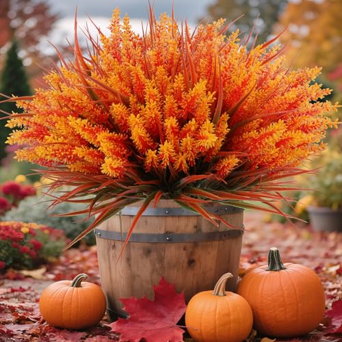 Geegoods 48 Bundles Artificial Fall Lavender Flowers Outdoor, Autumn-Orange | UV Resistant Plastic Faux Plants with Monkey Grass;Use for Garden Porch Patio Hanging Planter Home Decor - color: Autumn-orange, size: 48PCS