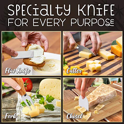NutriChef Bamboo Natural Cheese Board Set with Bonus Condiment Cup-Extra Large Size 100% Home Organic Wooden Plate and Charcuterie Tray with 4 pcs Cutting Knife Slicer, 13" Square - style: Square
