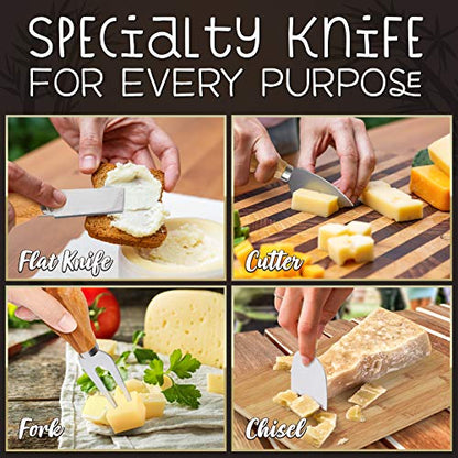 NutriChef Bamboo Natural Cheese Board Set with Bonus Condiment Cup-Extra Large Size 100% Home Organic Wooden Plate and Charcuterie Tray with 4 pcs Cutting Knife Slicer, 13" Square - style: Square