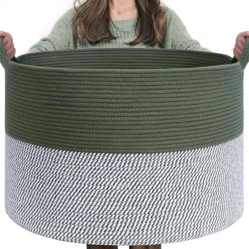 INDRESSME XXXLarge Woven Rope Blanket Basket Living Room Green, 90L | 21.7" x 13.8" Storage baskets for toys laundry & pillows. Fits living room, bedroom or nursery décor. Soft-touch with handles - color: Green & White, size: 21.7"D x 13.8"H